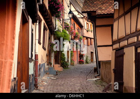 Strada con mezzo in legno case medievali in Eguisheim villaggio lungo la famosa strada del vino in Alsazia, Francia Foto Stock