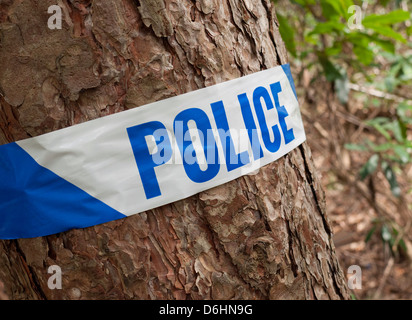 scena di polizia di nastro di crimine in bosco, norfolk, inghilterra Foto Stock