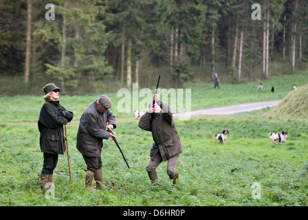 Tiratore di riprese e il caricamento del caricatore durante una battuta di caccia al fagiano condotto sparare nello Yorkshire Inghilterra Foto Stock