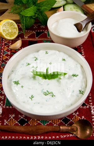 Cacik, con salsa di yogurt, menta, cetriolo, limone, cibo turco, Turchia Foto Stock