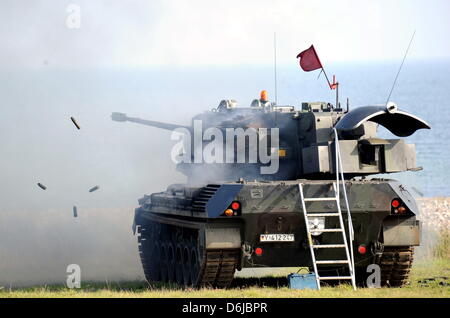 (Dpa) file - un file immagine datata 06 ottobre 2010 mostra un Gepard aria serbatoio di difesa la ripresa di un drone presso il poligono di tiro in Todendorf, Germania. Il 12 marzo 2012, il capo del personale sarà smantellare l'esercito tedesco per la difesa aerea in Todendorf presso il Mar Baltico. La squadra di attività saranno eseguite dalla tedesca Air Force. Foto: Carsten Rehder Foto Stock