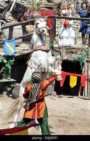 Cavallo medievale e il display mostra - La leggenda dei Cavalieri' a Provins town, a sud di Parigi, Francia. Foto Stock