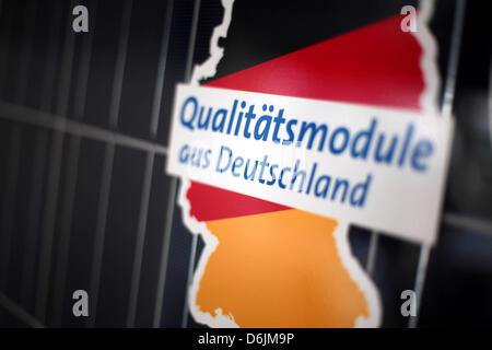 Un adesivo dell'azienda Fotovoltaico Solarworld AG è stata posta su un modulo solare della società a un briefing con la stampa sui risultati annuali a Bonn, Germania, 22 marzo 2012. Solarworld vuole tornare ad operare in nero nel 2012. Foto: Oliver Berg Foto Stock