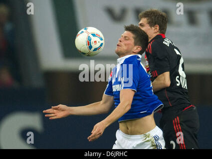 Schalke's Klaas Jan Huntelaar (L) il sistema VIES per la palla con il Leverkusen è Daniel Schwaab durante il match della Bundesliga tra Schalke 04 e Bayer Leverkusen al Veltins-Arena a Gelsenkirchen, Germania, 24 marzo 2012. Foto: Bernd Thissen Foto Stock