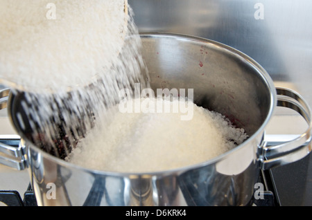 Fare Jam: passo 6/10, aggiungendo la conservazione di zucchero al piatto di pesata in acciaio inox di more. Foto Stock