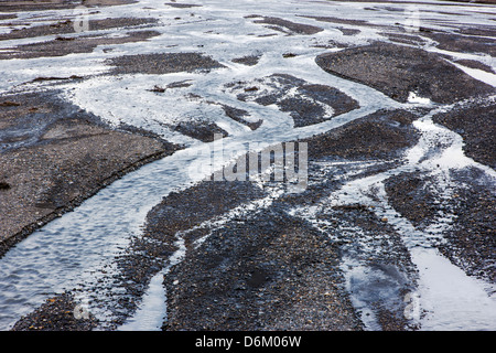 Crepuscolo skies riflettono in intrecciato forcella est del fiume Toklat, Parco Nazionale di Denali, Alaska, STATI UNITI D'AMERICA Foto Stock