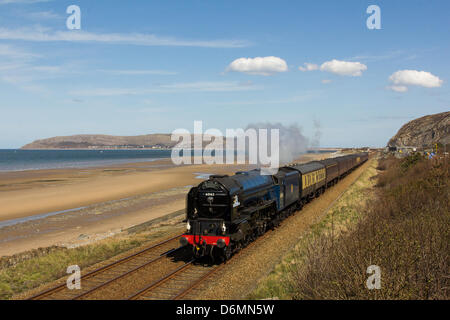 Il nord del Galles, UK. Xx Aprile, 2013. Peppe LNER Classe A1 60163 Tornado, costruito in Darlington, in Inghilterra, tra il 1994 e il 2008, fa il suo debutto sulla costa settentrionale del Galles linea nel sole, con una corsa da London Euston a Holyhead su Sabato, 20 aprile 2013. Credito: Christopher Middleton/Alamy Live News Foto Stock