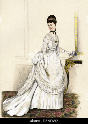 Moda francese dall'era vittoriana datata 1873. Acquerello originale pittura artista sconosciuto Foto Stock