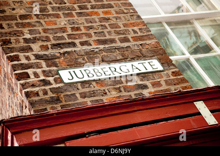 Jubbergate strada segno nome, la città vecchia di York, Yorkshire Regno Unito Foto Stock