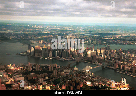 Antenna Manhattan più densamente popolato quartiere di New York CIty,World Trade Center Twin towers Manhattan,11/9 2001, Foto Stock