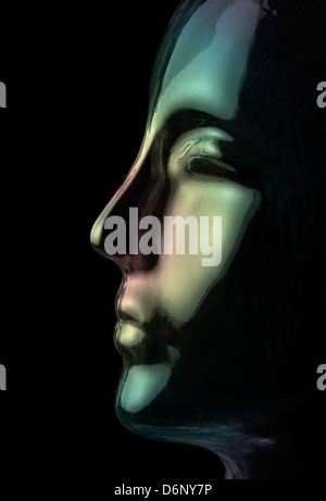 Scienza avveniristica tema che mostra una opalescente e traslucido riflettente testa umana fatta di vetro nella parte posteriore in nero Foto Stock