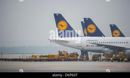 Svuotare carrelli per bagagli stare accanto a piani della compagnia Lufthansa sulla pista dell'aeroporto di Monaco di Baviera, Germania, il 22 aprile 2013. È la seconda tornata di scioperi, iniziata come reazione a un continuo di contrattazione collettiva e i negoziati sulle condizioni di lavoro di circa 33.000 tecnici e gli assistenti di volo. Foto: Marc Mueller Foto Stock