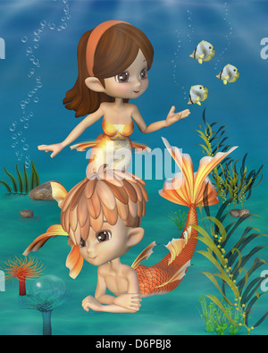 Carino Toon Goldfish Merpeople scena Foto Stock