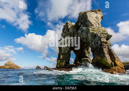 Formazione rocciosa conosciuta come Gada nello stack su Foula Isola, Shetland Scozia, Regno Unito, Europa Foto Stock