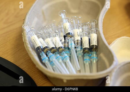 Swansea, Regno Unito. Xx Aprile, 2013 foto: a Neath Port Talbot Hospital, Port Talbot, nel Galles del Sud. Re: Drop-in MMR cliniche sono detenuti presso quattro ospedali a Swansea,UK e Neath Port Talbot, come la morte dell'uomo legate all'epidemia di morbillo è studiata. Gareth Colfer Williams, 25, muore nella sua casa di Swansea,UK giovedì. Prove dalla sanità pubblica del Galles hanno confermato che egli aveva il morbillo al momento della sua morte. Il numero di segnalati casi di morbillo in Galles è ora pari a 808. È il terzo weekend di fila che la vaccinazione cliniche sono state detenute nel tentativo di arginare l' epidemia. Cucciolo Foto Stock