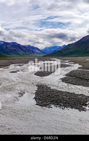 Il crepuscolo del cielo si riflettono nei Toklat intrecciato di Fiume, Parco Nazionale di Denali, Alaska, STATI UNITI D'AMERICA Foto Stock