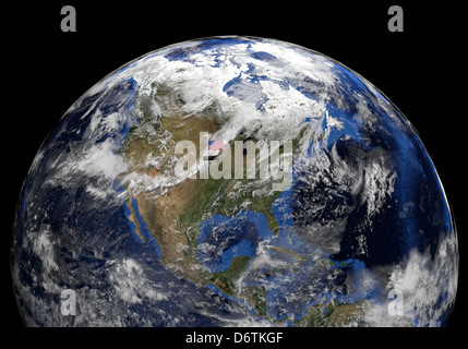 Bandiera americana sul palo sul globo terrestre illustrazione Foto Stock