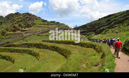 Un gruppo di tour presso le rovine Inca di Pisac, vicino a Cusco, Perù. Foto Stock