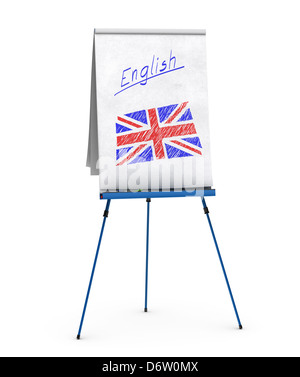 Lavagna a fogli mobili con la parola inglese scritta a mano su carta e union jack flag Foto Stock