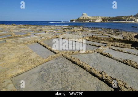 Tradizionale saline off Xwejni Bay a Gozo l'isola sorella di Malta Foto Stock