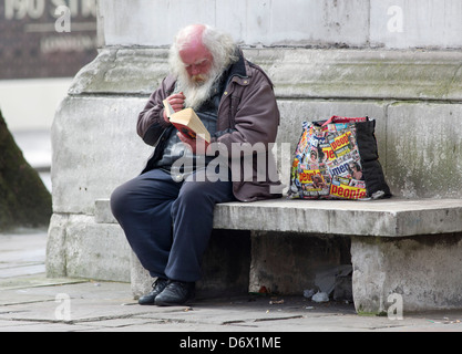 Un barbone la lettura di un libro a Londra Foto Stock