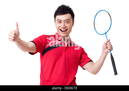 Maschio di giocatore di badminton il tifo con il pollice in alto Foto Stock