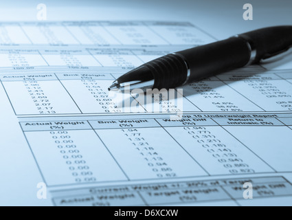 Concetto fotografia che mostra una penna e numeri finanziari in una stampa Foto Stock