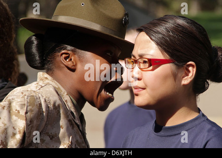 US Marine Corps trapanare gli istruttori urla a reclutare Marino durante un mini boot camp Marzo 24, 2012 a Camp Riley, MN. Foto Stock