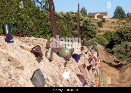 Alcune rotte di vetro annegate in una recinzione Foto Stock