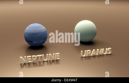 Una resa di dimensioni foglio di confronto tra i pianeti Nettuno e Urano con didascalie. Foto Stock