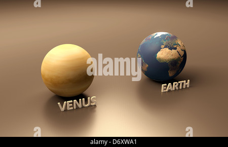 Una resa di dimensioni foglio di confronto tra i pianeti Terra e Venere con le didascalie. Foto Stock
