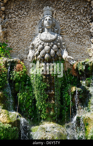 Villa d'Este. Tivoli. L'Italia. Vista della Fontana della Madre Natura con una statua di Diana di Efeso, la Grande Natura della dea. Scu Foto Stock