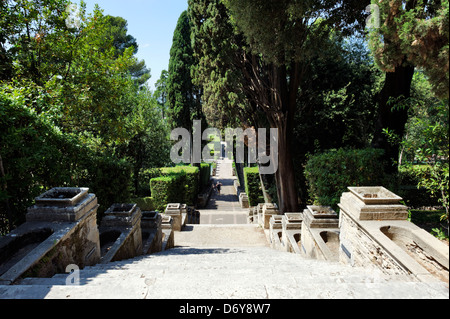 Villa d'Este. Tivoli. L'Italia. Vista lungo le scale di Bollori che partono da stagni di pesce, verso il viale del DRA Foto Stock