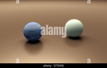 Una resa di dimensioni foglio di confronto tra i pianeti Nettuno e Urano. Foto Stock