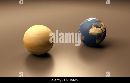 Una resa di dimensioni foglio di confronto tra i pianeti Terra e Venere. Foto Stock
