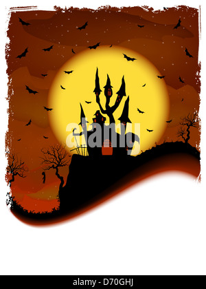 Haunted House su un cimitero collina di notte con la luna piena. Foto Stock