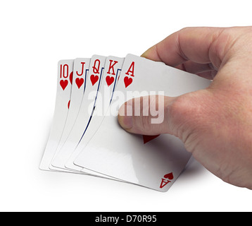 Un royal straight flush carte da gioco poker nei cuori. Foto Stock