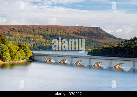 Vista del serbatoio Ladybower con Ashopton viadotto e Bamford Edge, il Parco Nazionale di Peak District. Foto Stock