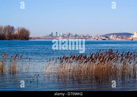 La città di Montreal panorama nella luce del mattino.Vista dall'Ile Caronte. Fiume San Lorenzo in primo piano. Foto Stock