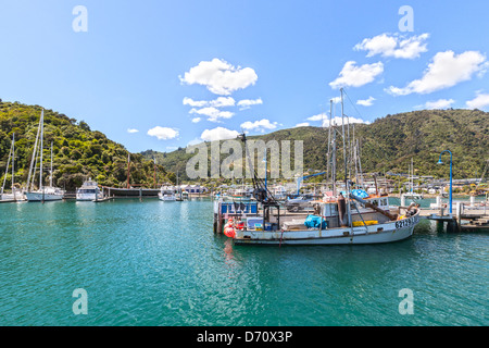 Il porto di Picton, capoluogo del Marlborough Sounds in Nuova Zelanda, e terminale per lo stretto di Cook ferries. Foto Stock