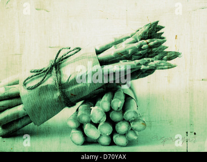 Due fasci di tagliare gli asparagi spears legato con carta marrone e string e dato un antico bicromia ancora osservare Foto Stock