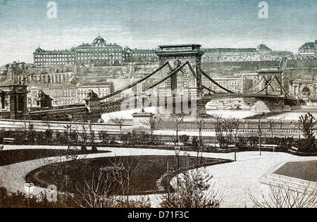 Città di Budapest, il Ponte della Catena o Catene Széchenyi ponte sul Danubio, secolo XIX, Budapest, Ungheria Europa Foto Stock