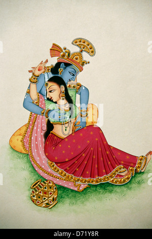 Romantico raffigurazione di dio indù Krishna e Radha. La pittura da India Foto Stock