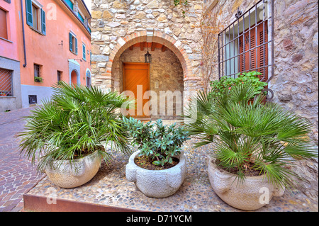 Vasi in pietra con palme di fronte di ingresso tipica casa italiana su strette strade in ciottoli della città di Sirmione, Italia. Foto Stock