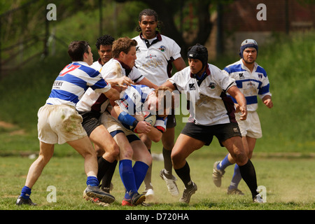 Il vecchio Puget Sound Beach Rugby Football e Washington Rugby Football Club battaglia durante una partita al Cardozo High School campo. Foto Stock