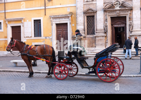 Un cavallo ed il carrello al di fuori della chiesa di Santa Maria in Trivio, Roma, Italia Foto Stock