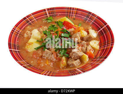 Piatti tradizionali ungheresi in casa calda zuppa di gulasch.isolati su sfondo bianco. Foto Stock