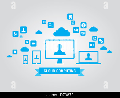 Illustrazione della tecnologia di cloud computing concetto astratto con icone ed elementi di design. Isolato su sfondo grigio Foto Stock