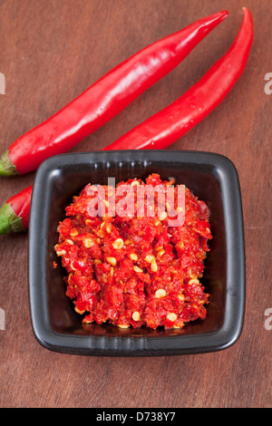 Due cialde di peperoncino e salsa piccante sul tavolo di legno Foto Stock
