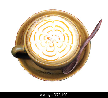 Caffè latte con cucchiaio su sfondo bianco Foto Stock